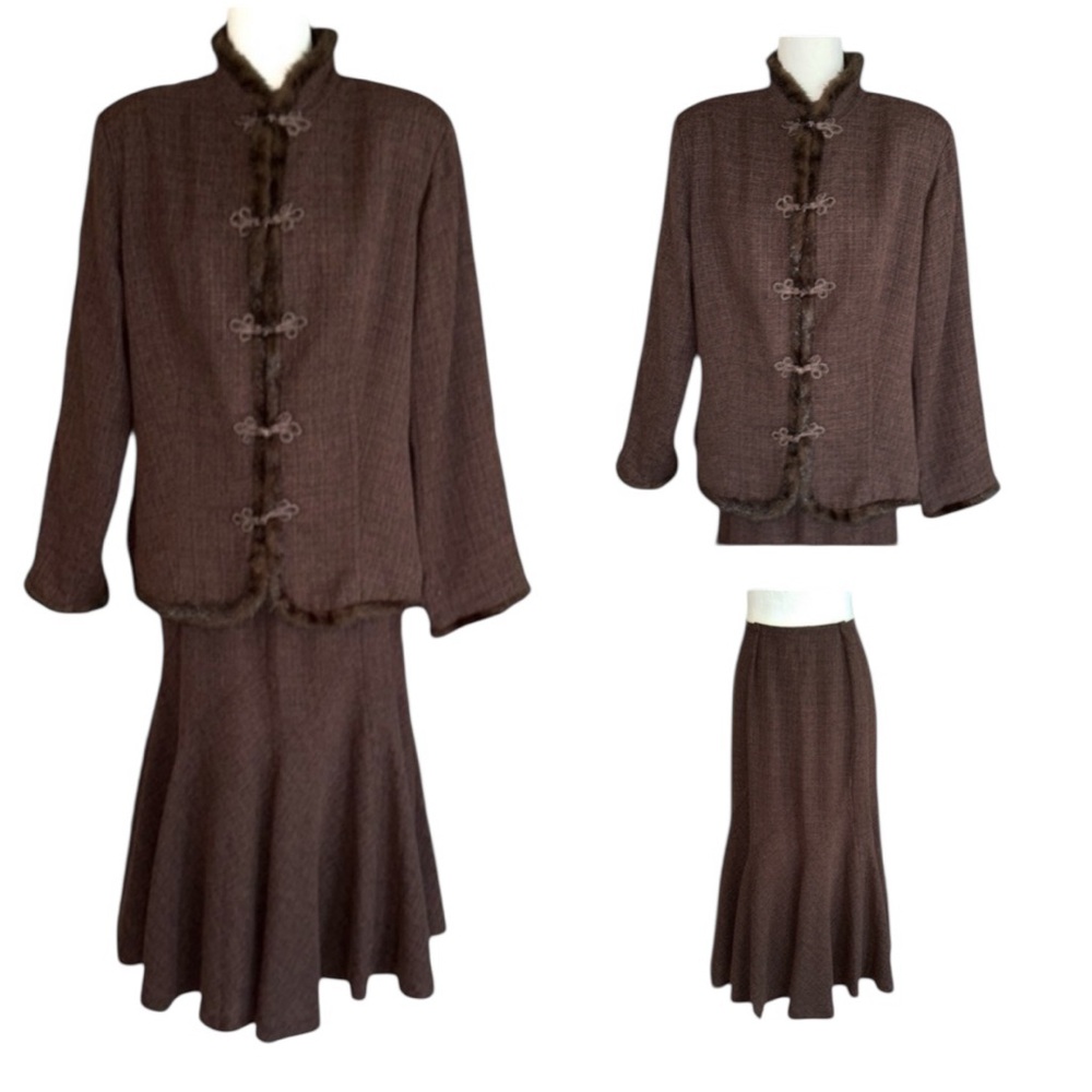 April Cornell Vintage Brown Textured 2 Piece Midi Skirt & Faux Fur Trim Blazer L